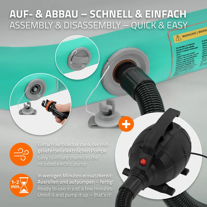 Aufblasbare Gymnastikmatte Turnmatte Airtrack 4m, Grün-Mint, 10cm Dicke, inkl. Tragetasche & elektr. Luftpumpe