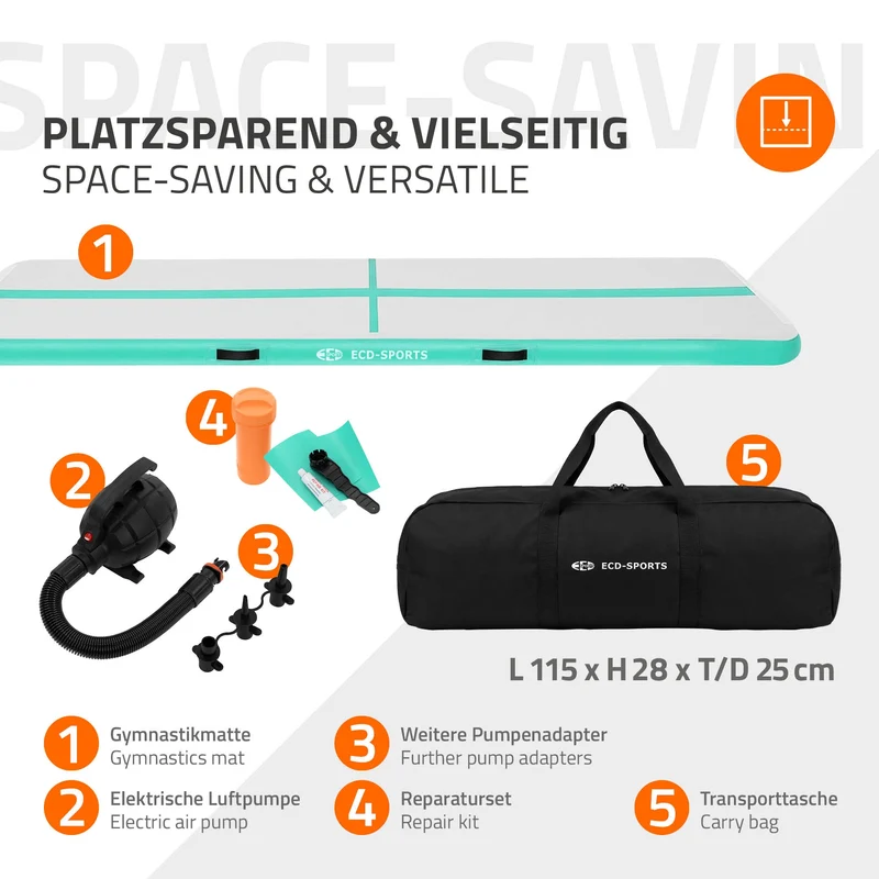 Aufblasbare Gymnastikmatte Turnmatte Airtrack 4m, Grün-Mint, 10cm Dicke, inkl. Tragetasche & elektr. Luftpumpe