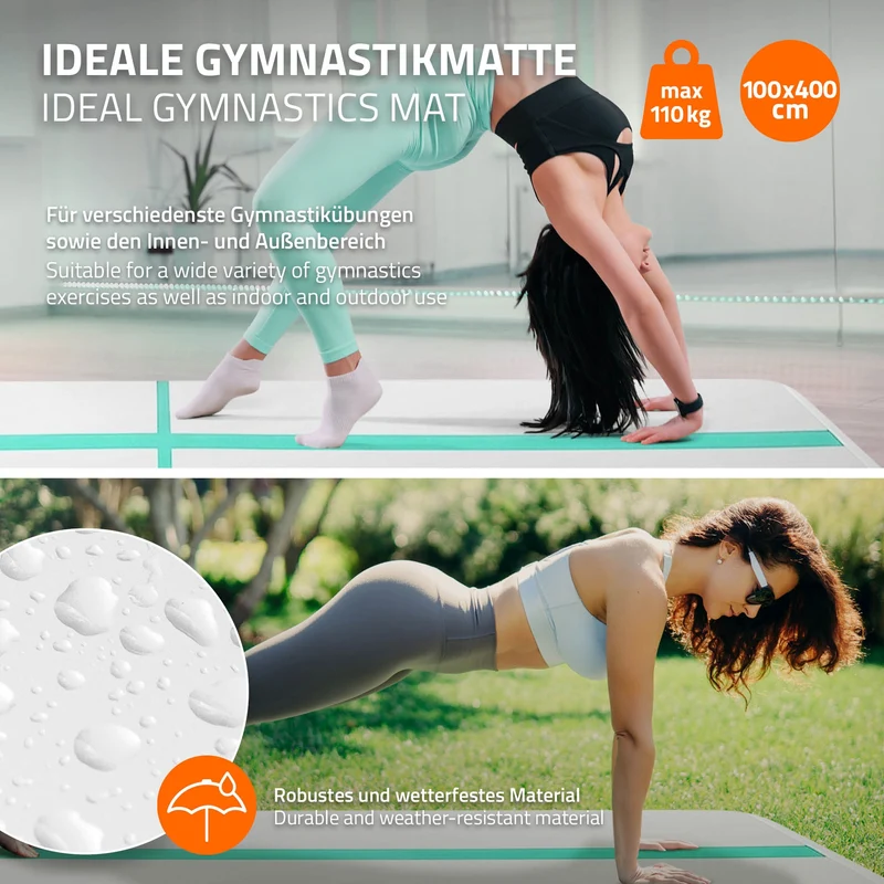Aufblasbare Gymnastikmatte Turnmatte Airtrack 4m, Grün-Mint, 10cm Dicke, inkl. Tragetasche & elektr. Luftpumpe