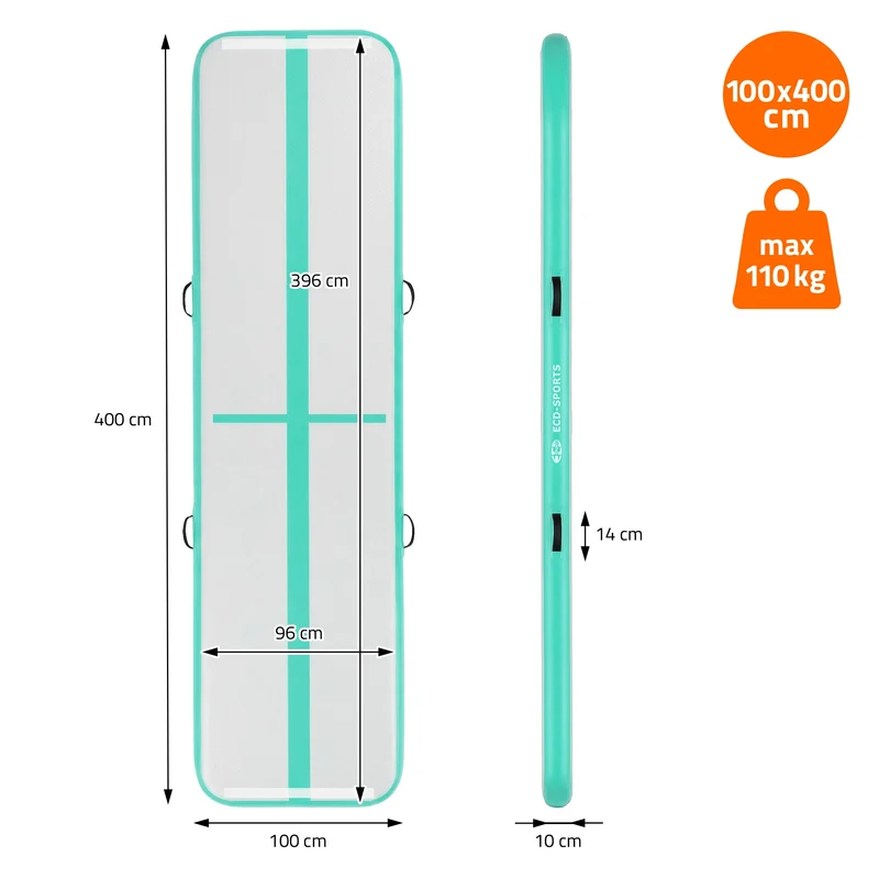 Aufblasbare Gymnastikmatte Turnmatte Airtrack 4m, Grün-Mint, 10cm Dicke, inkl. Tragetasche & elektr. Luftpumpe