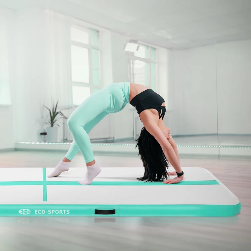 Aufblasbare Gymnastikmatte Turnmatte Airtrack 4m, Grün-Mint, 10cm Dicke, inkl. Tragetasche & elektr. Luftpumpe