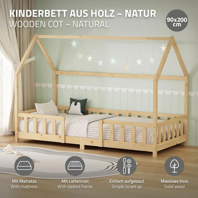 Kinderbett Hausbett 90x200 cm Natur aus Kiefernholz inkl. Matratze H-10cm Rausfallschutz Dach und Lattenrost ML-Design