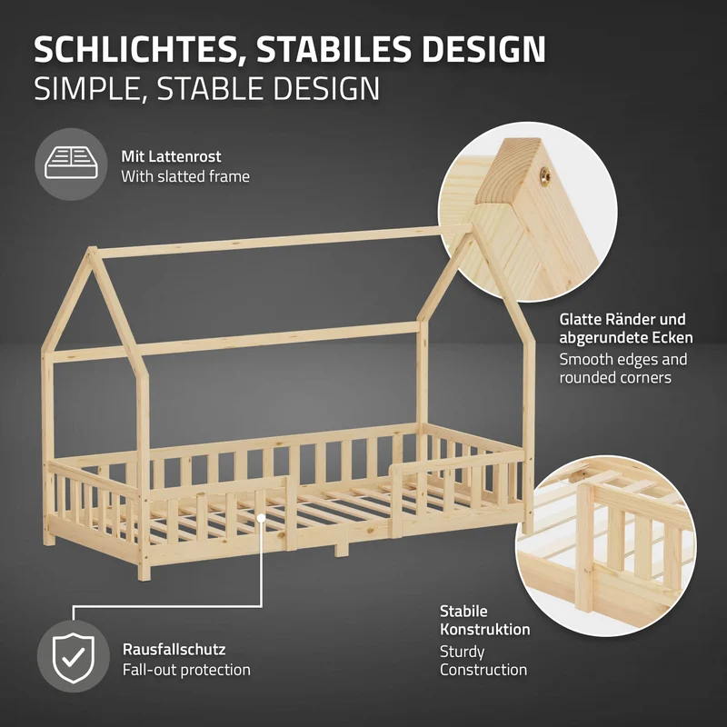 Kinderbett Hausbett 90x200 cm Natur aus Kiefernholz inkl. Matratze H-10cm Rausfallschutz Dach und Lattenrost ML-Design