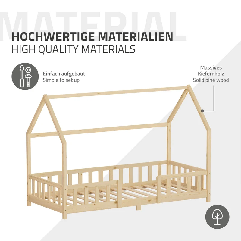 Kinderbett Hausbett 90x200 cm Natur aus Kiefernholz inkl. Matratze H-10cm Rausfallschutz Dach und Lattenrost ML-Design