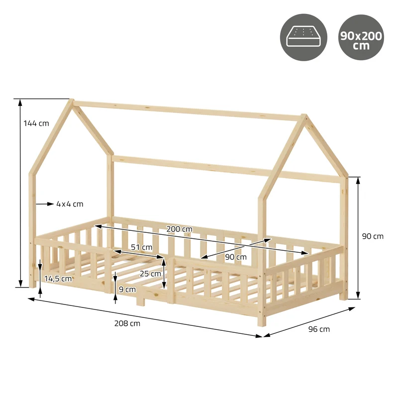 Kinderbett Hausbett 90x200 cm Natur aus Kiefernholz inkl. Matratze H-10cm Rausfallschutz Dach und Lattenrost ML-Design