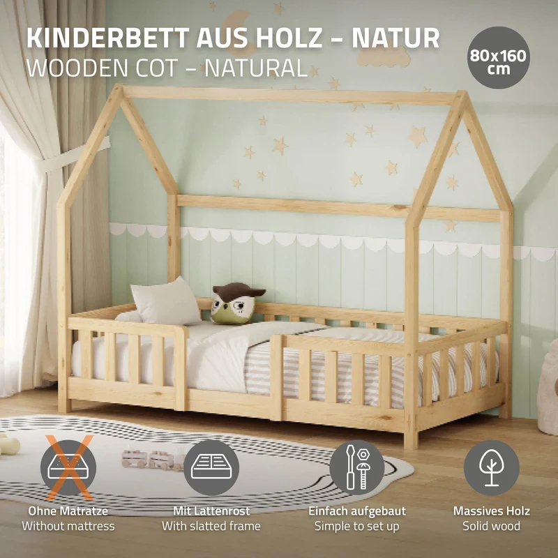 Kinderbett Hausbett 80x160 cm aus Kiefernholz Natur mit Rausfallschutz Dach und Lattenrost Holzbett ML-Design