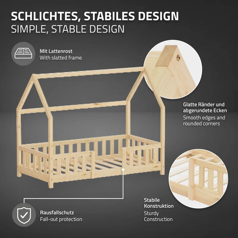Kinderbett Hausbett 80x160 cm aus Kiefernholz Natur mit Rausfallschutz Dach und Lattenrost Holzbett ML-Design