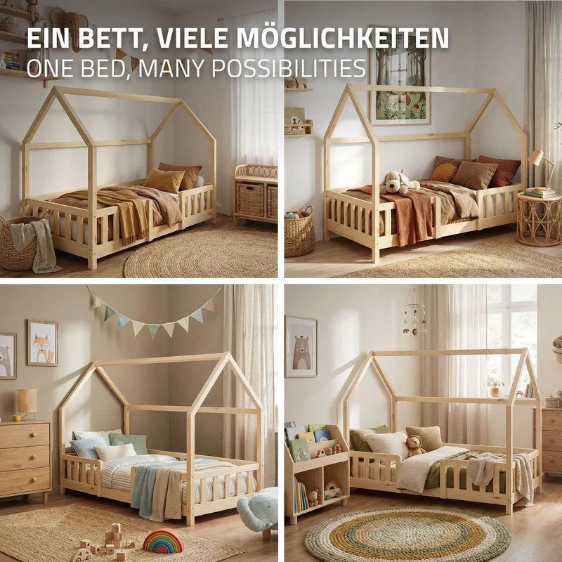 Kinderbett Hausbett 80x160 cm aus Kiefernholz Natur mit Rausfallschutz Dach und Lattenrost Holzbett ML-Design