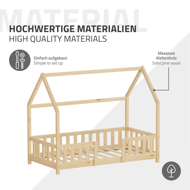 Kinderbett Hausbett 80x160 cm aus Kiefernholz Natur mit Rausfallschutz Dach und Lattenrost Holzbett ML-Design