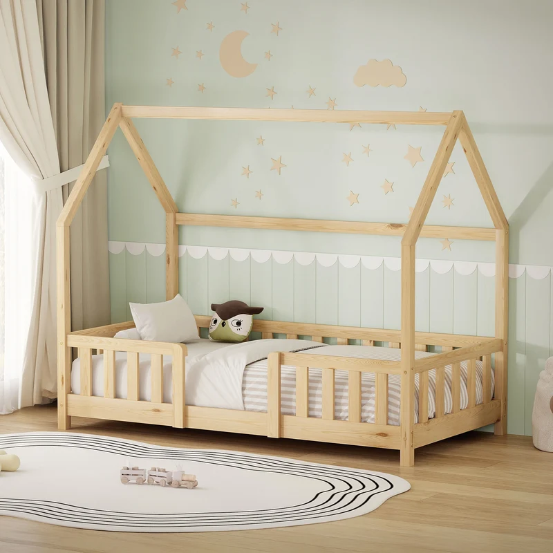 Kinderbett Hausbett 80x160 cm aus Kiefernholz Natur mit Rausfallschutz Dach und Lattenrost Holzbett ML-Design