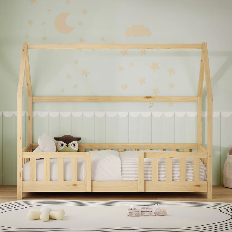 Kinderbett Hausbett 80x160 cm aus Kiefernholz Natur mit Rausfallschutz Dach und Lattenrost Holzbett ML-Design