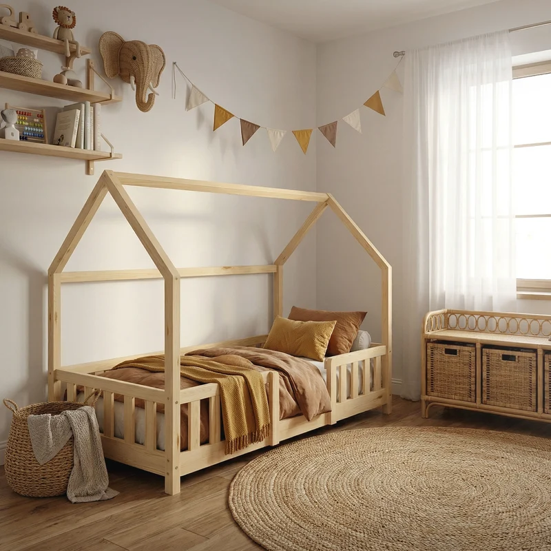 Kinderbett Hausbett 80x160 cm aus Kiefernholz Natur mit Rausfallschutz Dach und Lattenrost Holzbett ML-Design