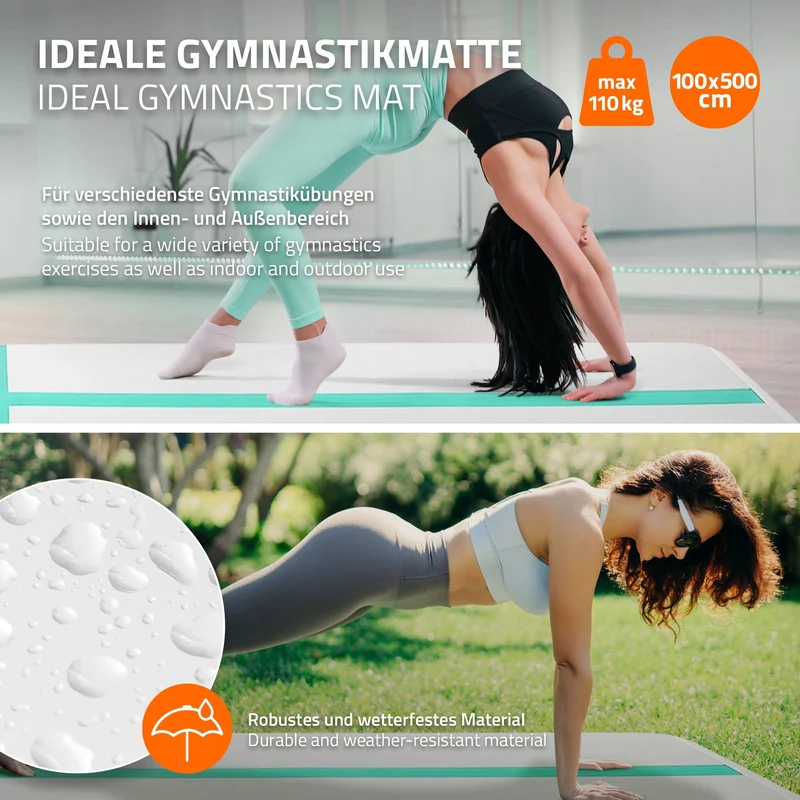 Aufblasbare Gymnastikmatte Turnmatte Airtrack 5m, Grün-Mint, 10cm Dicke, inkl. Tragetasche & elektr. Luftpumpe