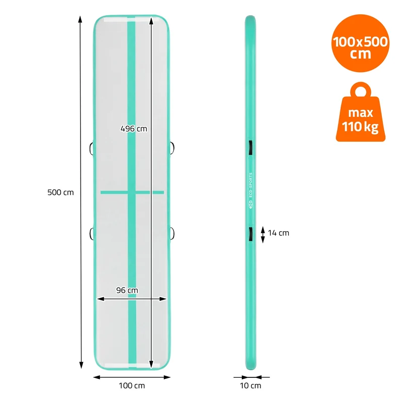 Aufblasbare Gymnastikmatte Turnmatte Airtrack 5m, Grün-Mint, 10cm Dicke, inkl. Tragetasche & elektr. Luftpumpe