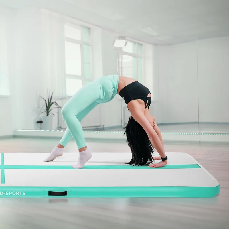 Aufblasbare Gymnastikmatte Turnmatte Airtrack 5m, Grün-Mint, 10cm Dicke, inkl. Tragetasche & elektr. Luftpumpe