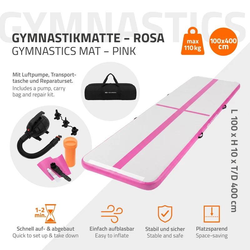 Aufblasbare Gymnastikmatte Turnmatte Airtrack 4m, Rosa, 10cm Dicke, inkl. Tragetasche & elektr. Luftpumpe
