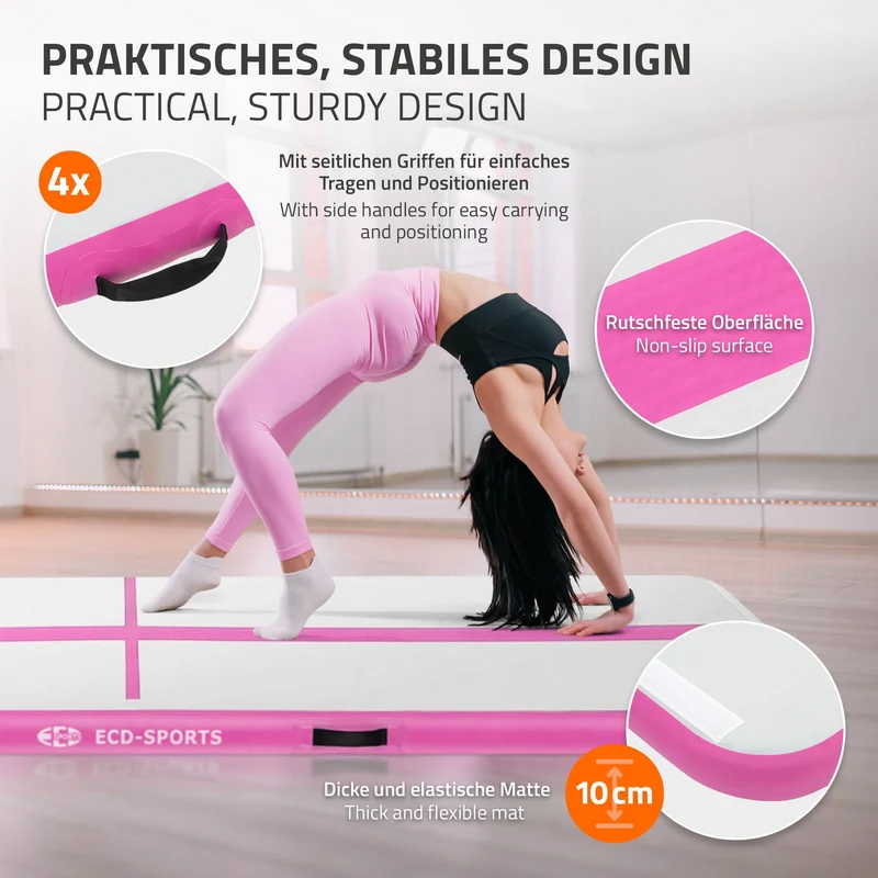 Aufblasbare Gymnastikmatte Turnmatte Airtrack 4m, Rosa, 10cm Dicke, inkl. Tragetasche & elektr. Luftpumpe