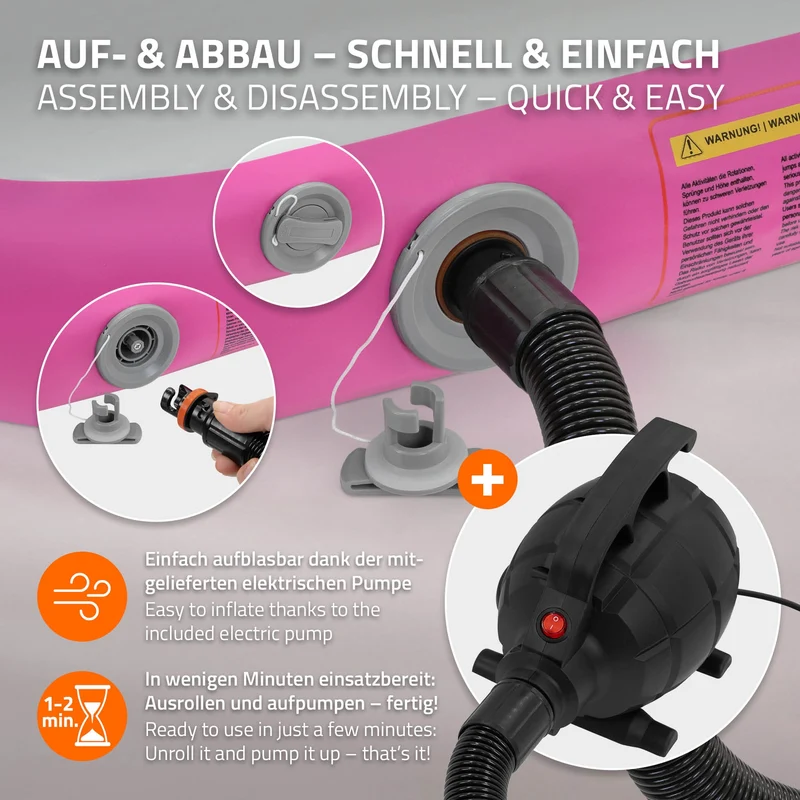 Aufblasbare Gymnastikmatte Turnmatte Airtrack 4m, Rosa, 10cm Dicke, inkl. Tragetasche & elektr. Luftpumpe
