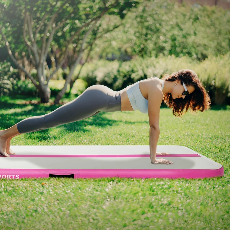 Aufblasbare Gymnastikmatte Turnmatte Airtrack 4m, Rosa, 10cm Dicke, inkl. Tragetasche & elektr. Luftpumpe
