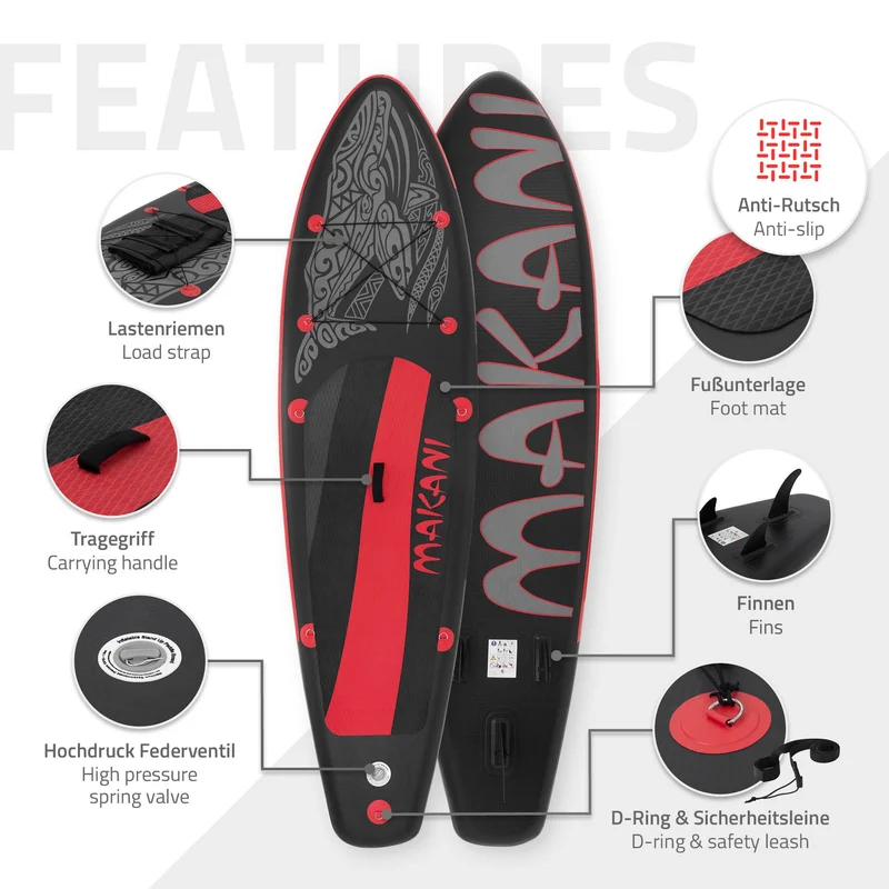 Stand Up Paddle aufblasbares SUP Board Makani 320x80x15 cm in Schwarz/Rot aus PVC inkl. Pumpe und Tragetasche