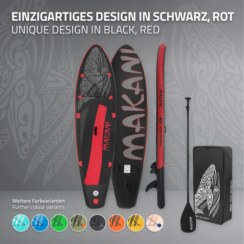 Stand Up Paddle aufblasbares SUP Board Makani 320x80x15 cm in Schwarz/Rot aus PVC inkl. Pumpe und Tragetasche