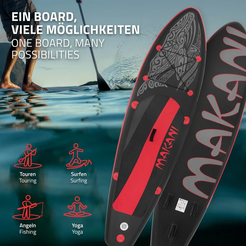Stand Up Paddle aufblasbares SUP Board Makani 320x80x15 cm in Schwarz/Rot aus PVC inkl. Pumpe und Tragetasche