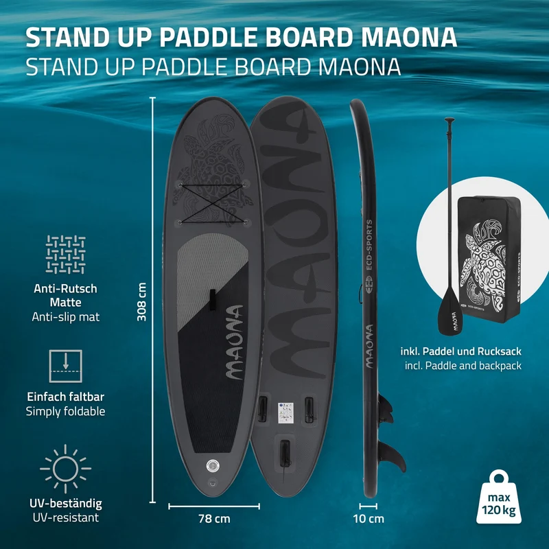 Stand Up Paddle aufblasbares SUP Board Maona 308x76x10 cm in Schwarz aus PVC inkl. Pumpe und Tragetasche