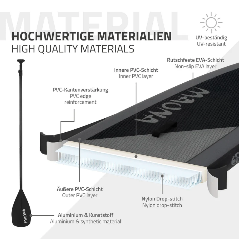 Stand Up Paddle aufblasbares SUP Board Maona 308x76x10 cm in Schwarz aus PVC inkl. Pumpe und Tragetasche