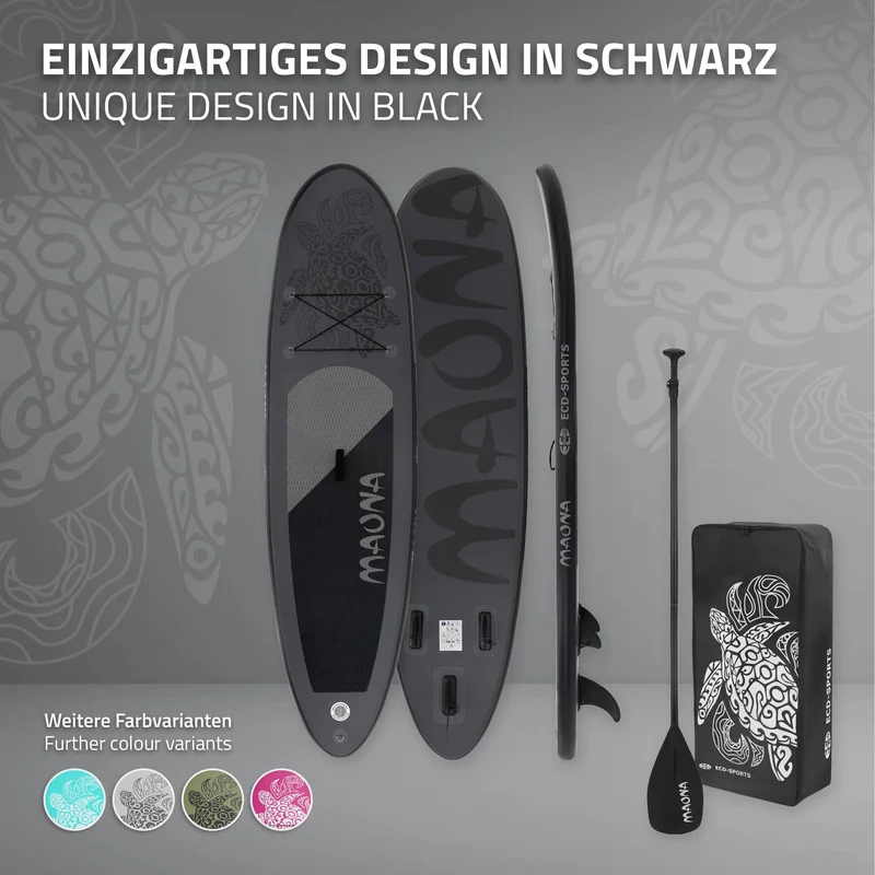 Stand Up Paddle aufblasbares SUP Board Maona 308x76x10 cm in Schwarz aus PVC inkl. Pumpe und Tragetasche