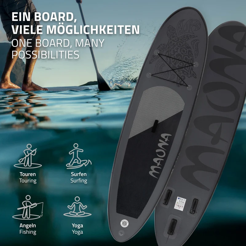 Stand Up Paddle aufblasbares SUP Board Maona 308x76x10 cm in Schwarz aus PVC inkl. Pumpe und Tragetasche