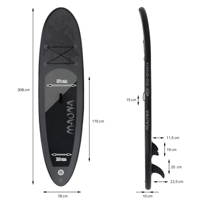 Stand Up Paddle aufblasbares SUP Board Maona 308x76x10 cm in Schwarz aus PVC inkl. Pumpe und Tragetasche