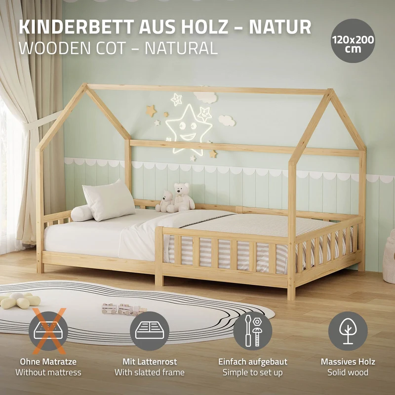 Kinderbett Hausbett 120x200 cm aus Kiefernholz Natur mit Rausfallschutz Dach und Lattenrost Holzbett ML-Design