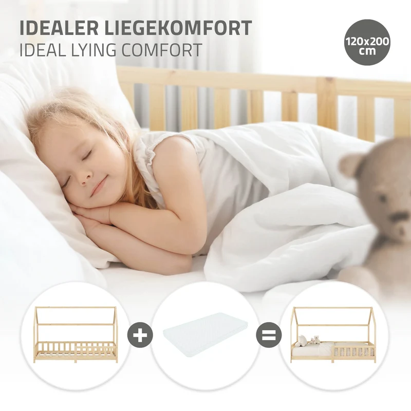 Kinderbett Hausbett 120x200 cm aus Kiefernholz Natur mit Rausfallschutz Dach und Lattenrost Holzbett ML-Design