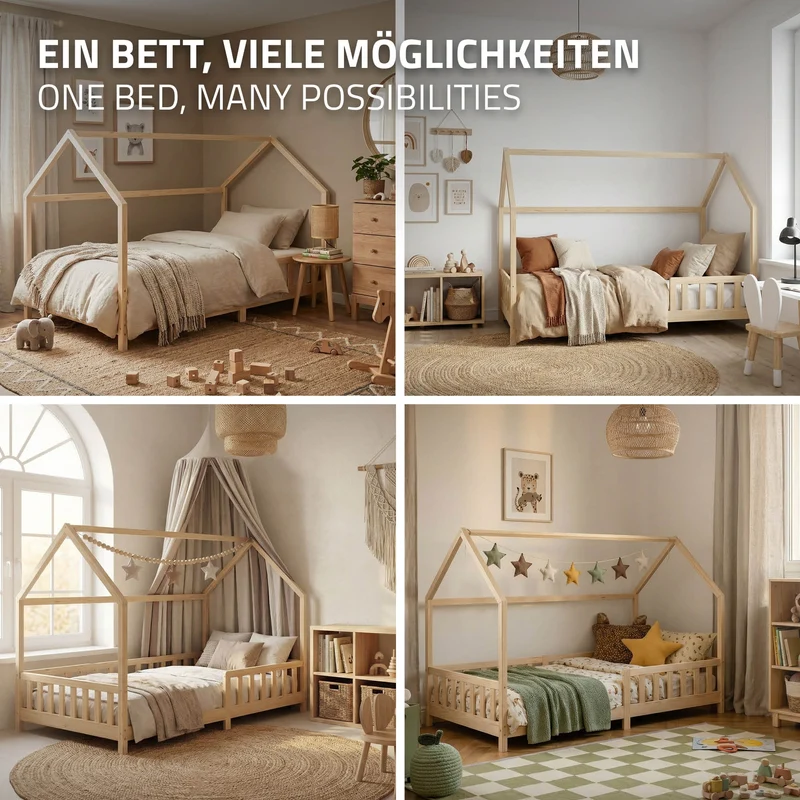 Kinderbett Hausbett 120x200 cm aus Kiefernholz Natur mit Rausfallschutz Dach und Lattenrost Holzbett ML-Design