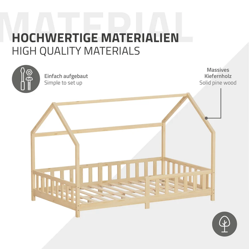 Kinderbett Hausbett 120x200 cm aus Kiefernholz Natur mit Rausfallschutz Dach und Lattenrost Holzbett ML-Design