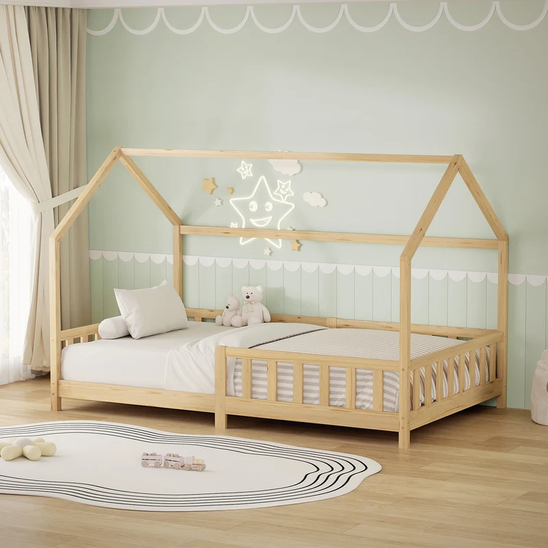 Kinderbett Hausbett 120x200 cm aus Kiefernholz Natur mit Rausfallschutz Dach und Lattenrost Holzbett ML-Design