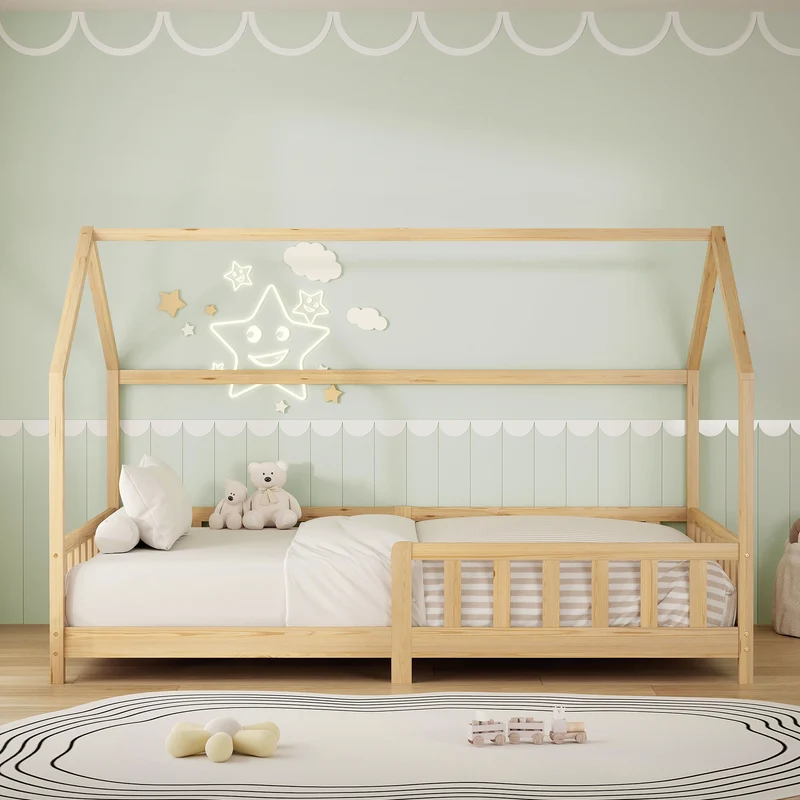 Kinderbett Hausbett 120x200 cm aus Kiefernholz Natur mit Rausfallschutz Dach und Lattenrost Holzbett ML-Design