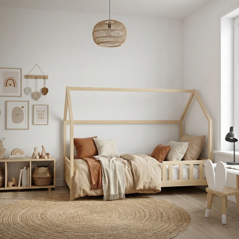 Kinderbett Hausbett 120x200 cm aus Kiefernholz Natur mit Rausfallschutz Dach und Lattenrost Holzbett ML-Design