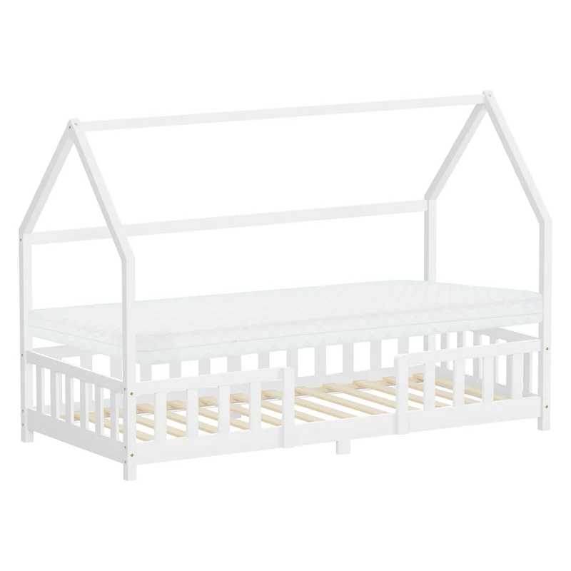 Kinderbett Hausbett 90x200 cm Weiß aus Kiefernholz inkl. Matratze H-10cm Rausfallschutz Dach und Lattenrost ML-Design
