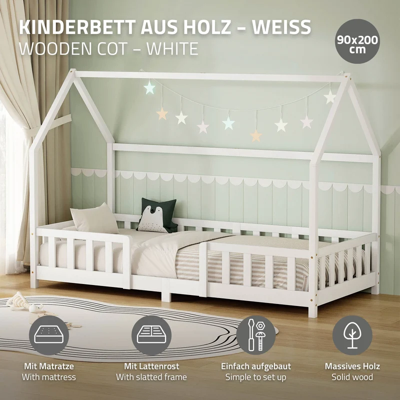 Kinderbett Hausbett 90x200 cm Weiß aus Kiefernholz inkl. Matratze H-10cm Rausfallschutz Dach und Lattenrost ML-Design