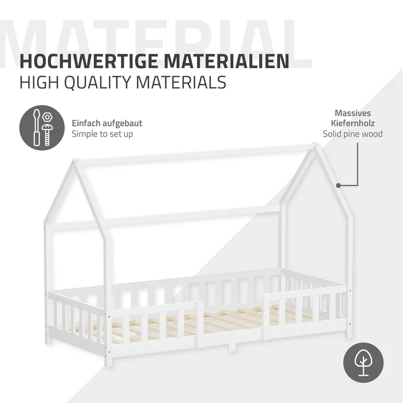 Kinderbett Hausbett 90x200 cm Weiß aus Kiefernholz inkl. Matratze H-10cm Rausfallschutz Dach und Lattenrost ML-Design