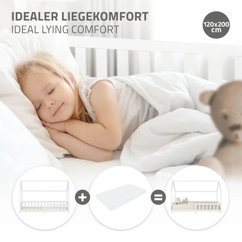 Kinderbett Hausbett 120x200 cm aus Kiefernholz Weiß mit Rausfallschutz Dach und Lattenrost Holzbett ML-Design