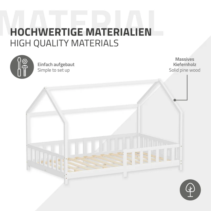 Kinderbett Hausbett 120x200 cm aus Kiefernholz Weiß mit Rausfallschutz Dach und Lattenrost Holzbett ML-Design