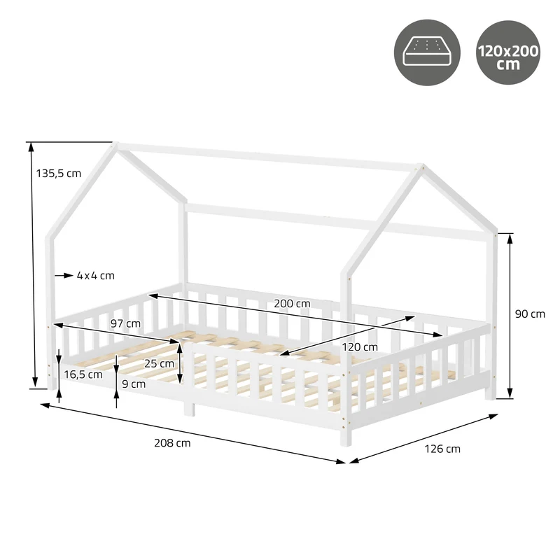 Kinderbett Hausbett 120x200 cm aus Kiefernholz Weiß mit Rausfallschutz Dach und Lattenrost Holzbett ML-Design