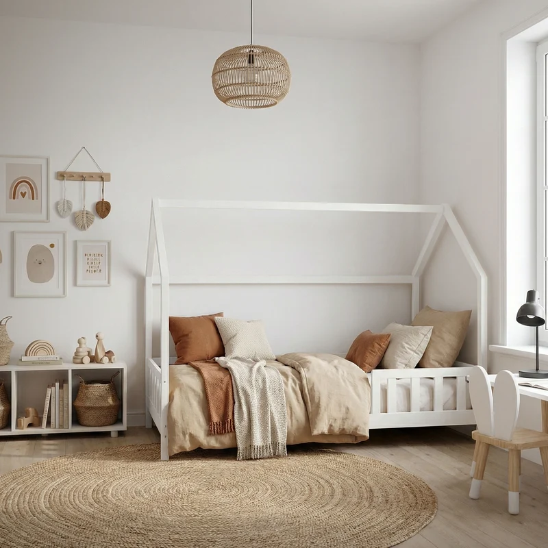 Kinderbett Hausbett 120x200 cm aus Kiefernholz Weiß mit Rausfallschutz Dach und Lattenrost Holzbett ML-Design