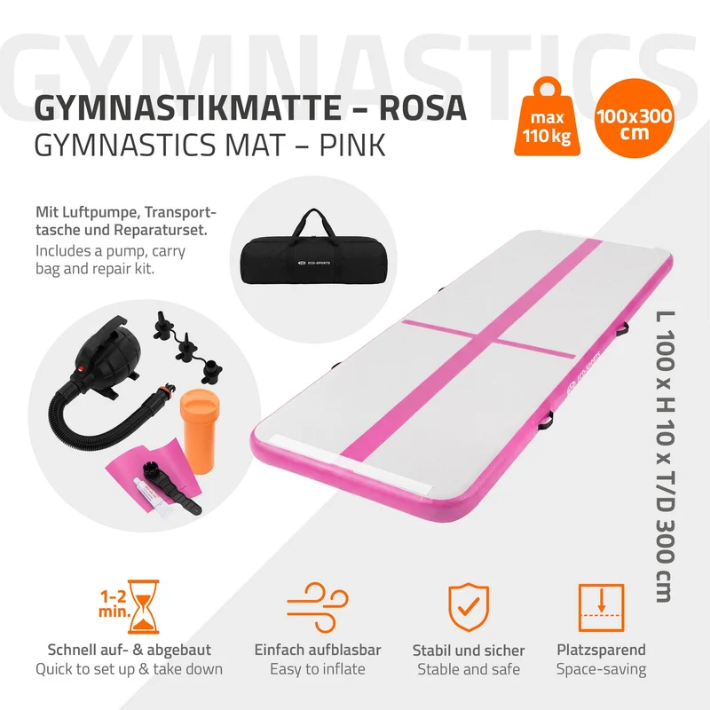 Aufblasbare Gymnastikmatte Turnmatte Airtrack 3m, Rosa, 10cm Dicke, inkl. Tragetasche & elektr. Luftpumpe