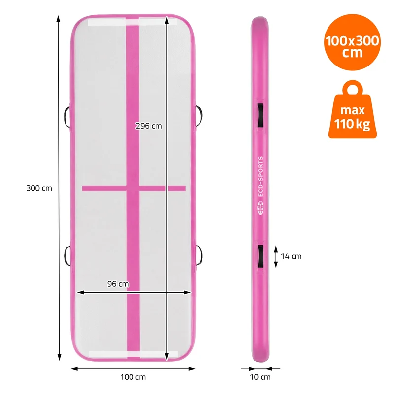 Aufblasbare Gymnastikmatte Turnmatte Airtrack 3m, Rosa, 10cm Dicke, inkl. Tragetasche & elektr. Luftpumpe