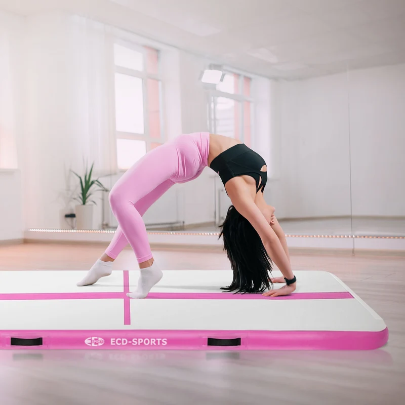 Aufblasbare Gymnastikmatte Turnmatte Airtrack 3m, Rosa, 10cm Dicke, inkl. Tragetasche & elektr. Luftpumpe