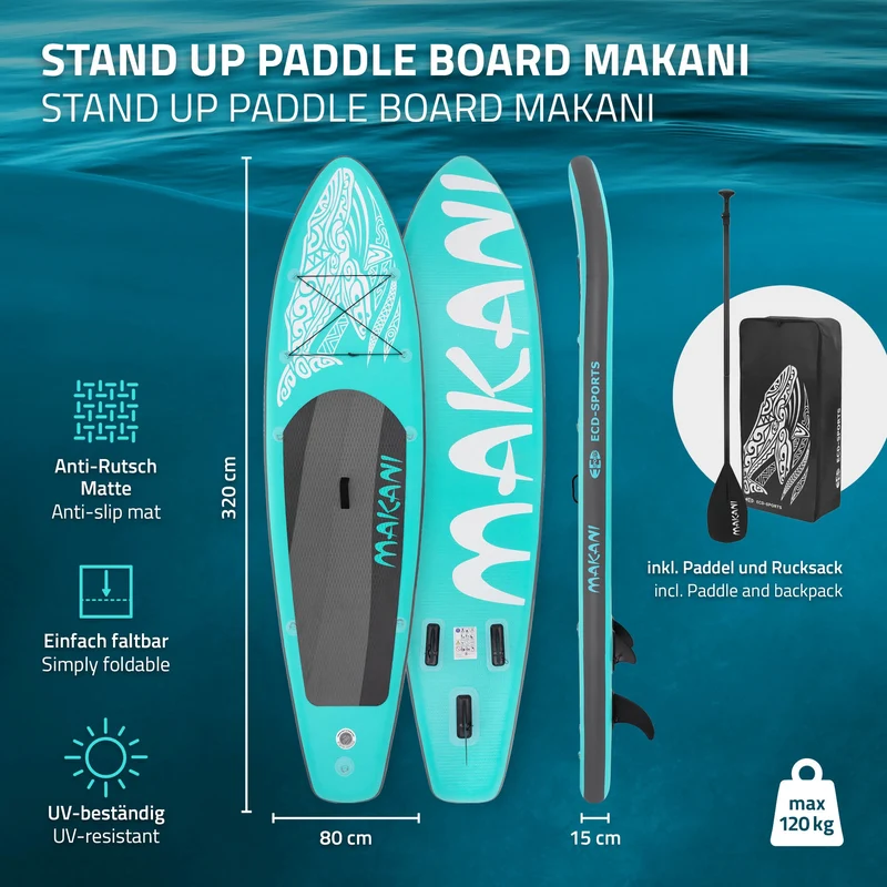 Stand Up Paddle aufblasbares SUP Board Makani 320x80x15 cm in Türkis aus PVC inkl. Pumpe und Tragetasche