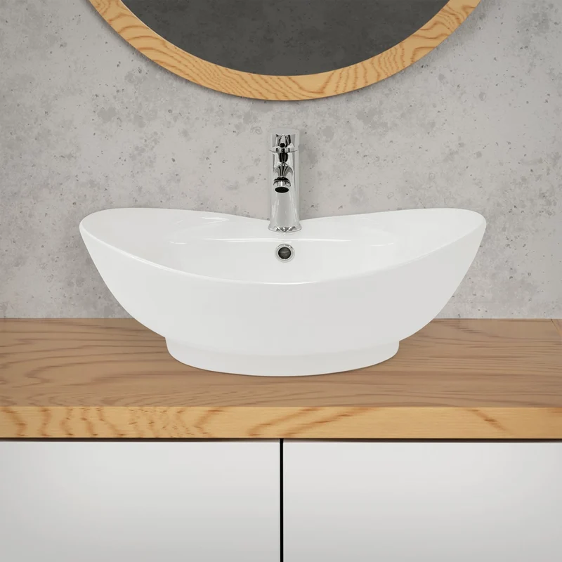 LuxeBath | Waschbecken Oval mit Überlauf 590x395x205 mm aus Keramik Waschplatz Handwaschbecken für das Badezimmer